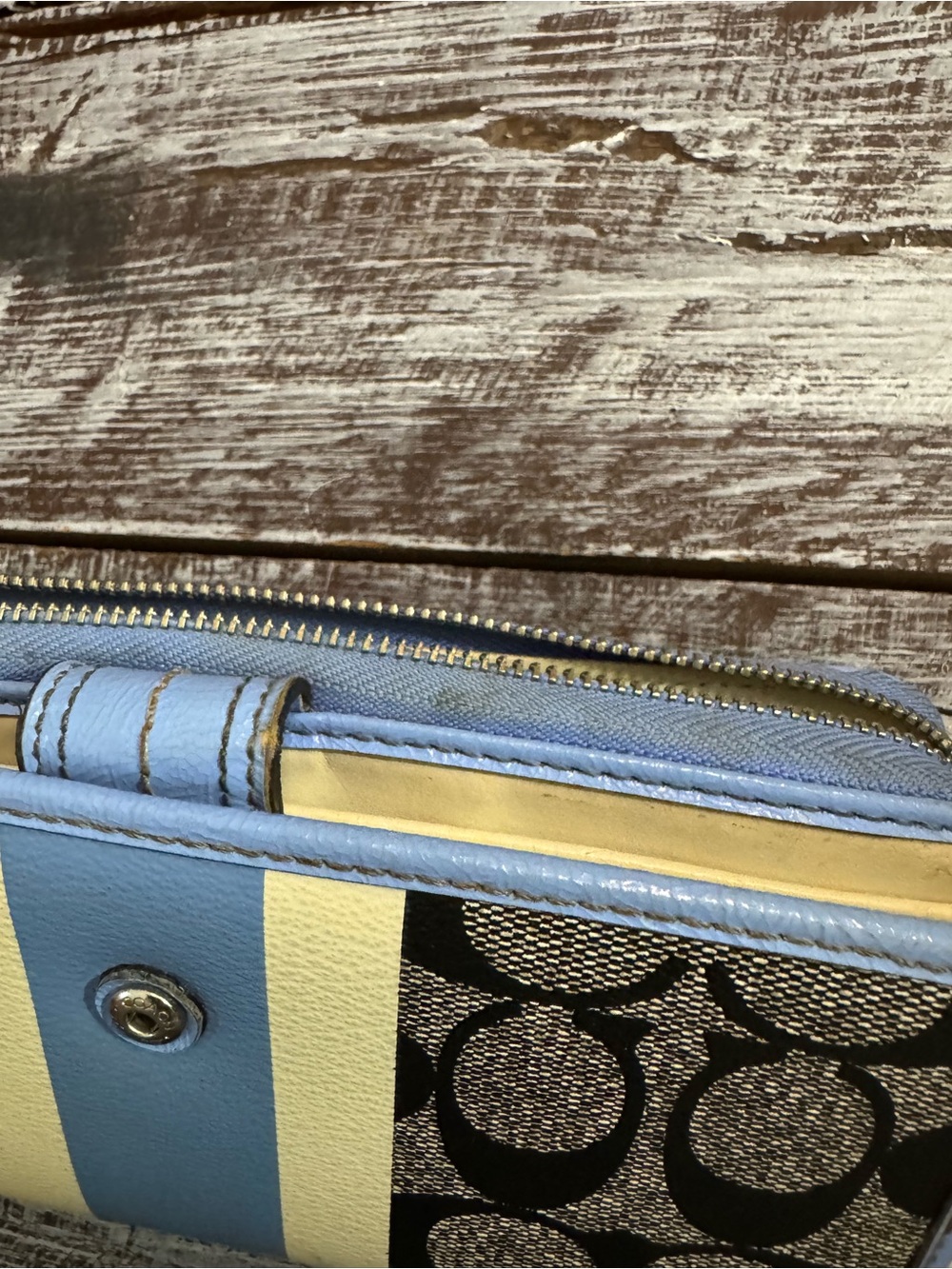 Coach Signature Tote with Blue and Cream Stripe with Wallet & Change Pouch - Picture 9 of 16